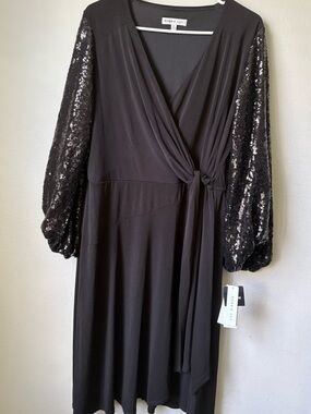 NWT Robbie Bee Black Sequin Sleeve Faux Wrap Dress 1X Party Cocktail $99